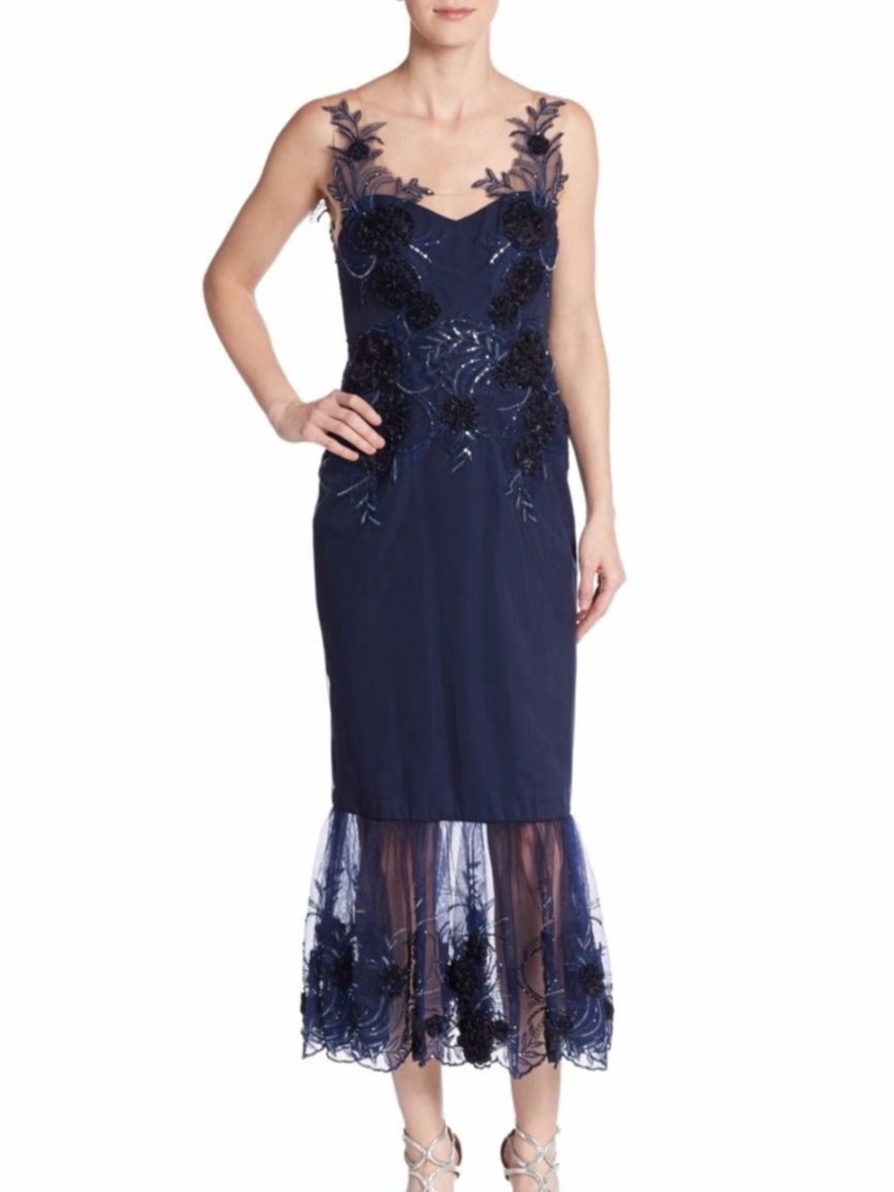 Marchesa Notte Navy Midi Dress, Size 12